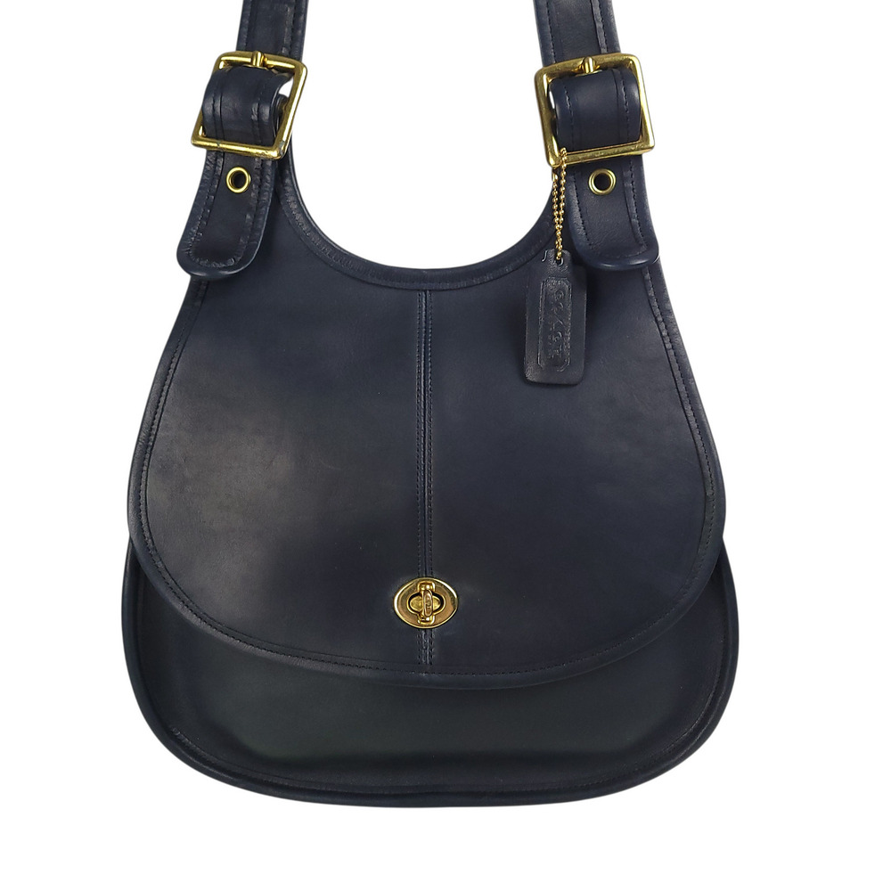 COACH Vintage Crescent Saddle Shoulder Bag 9235 NYC Navy Blue Leather Turn Lock - Picture 2 of 15